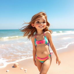 A cute teenage girl in a stylish, colorful swimsuit, enjoying a sunny day at the beach