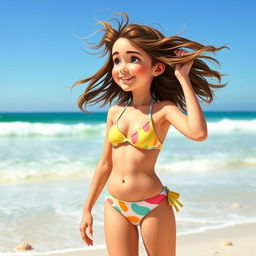 A cute teenage girl in a stylish, colorful swimsuit, enjoying a sunny day at the beach