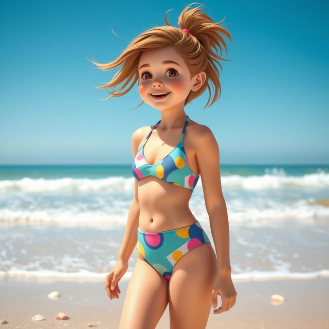 A cute teenage girl in a stylish, colorful swimsuit, enjoying a sunny day at the beach