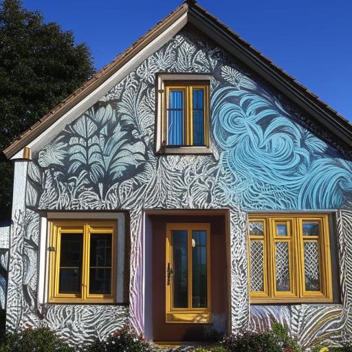 A breathtaking front view of a house with stunning, artistic paintwork