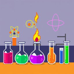 simple pixel art depicting a chemistry theme, including flasks and test tubes filled with colorful liquids