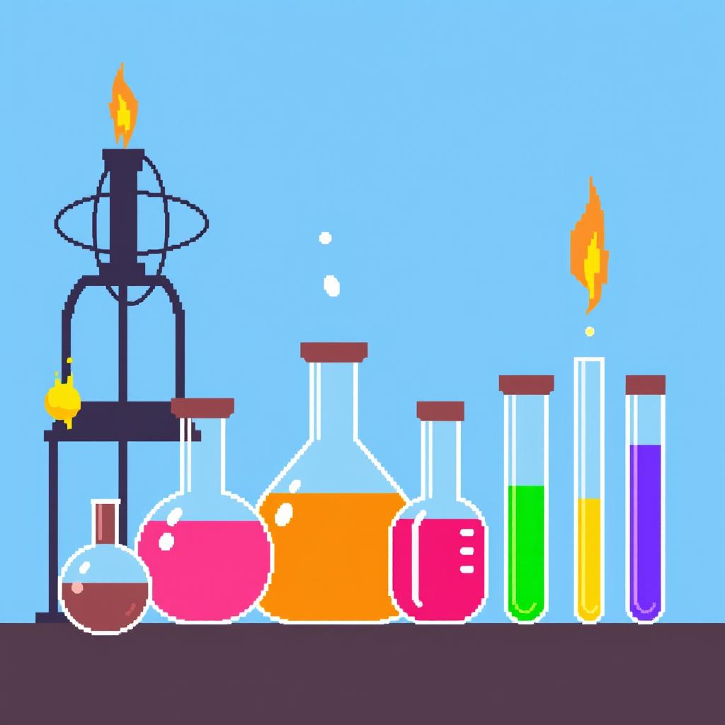 simple pixel art depicting a chemistry theme, including flasks and test tubes filled with colorful liquids