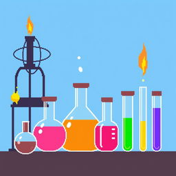 simple pixel art depicting a chemistry theme, including flasks and test tubes filled with colorful liquids