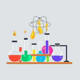 simple pixel art depicting a chemistry theme, including flasks and test tubes filled with colorful liquids