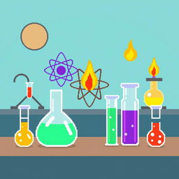 simple pixel art depicting a chemistry theme, including flasks and test tubes filled with colorful liquids