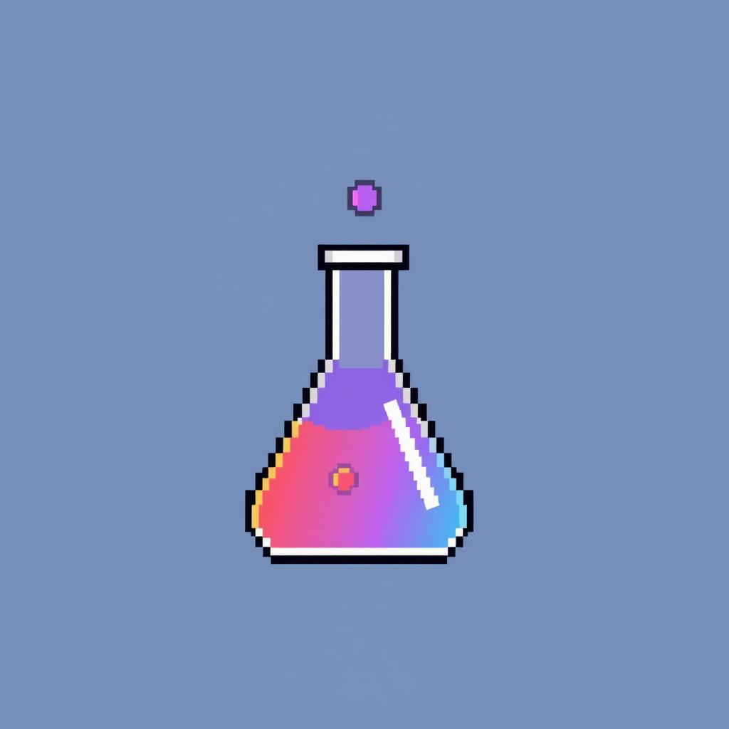 very simple pixel art of a chemistry theme, featuring a single flask with a colorful liquid