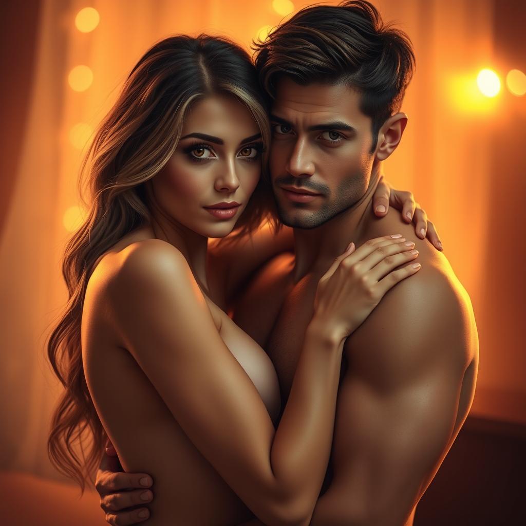 A sensual couple in an intimate embrace, with a warm, romantic atmosphere