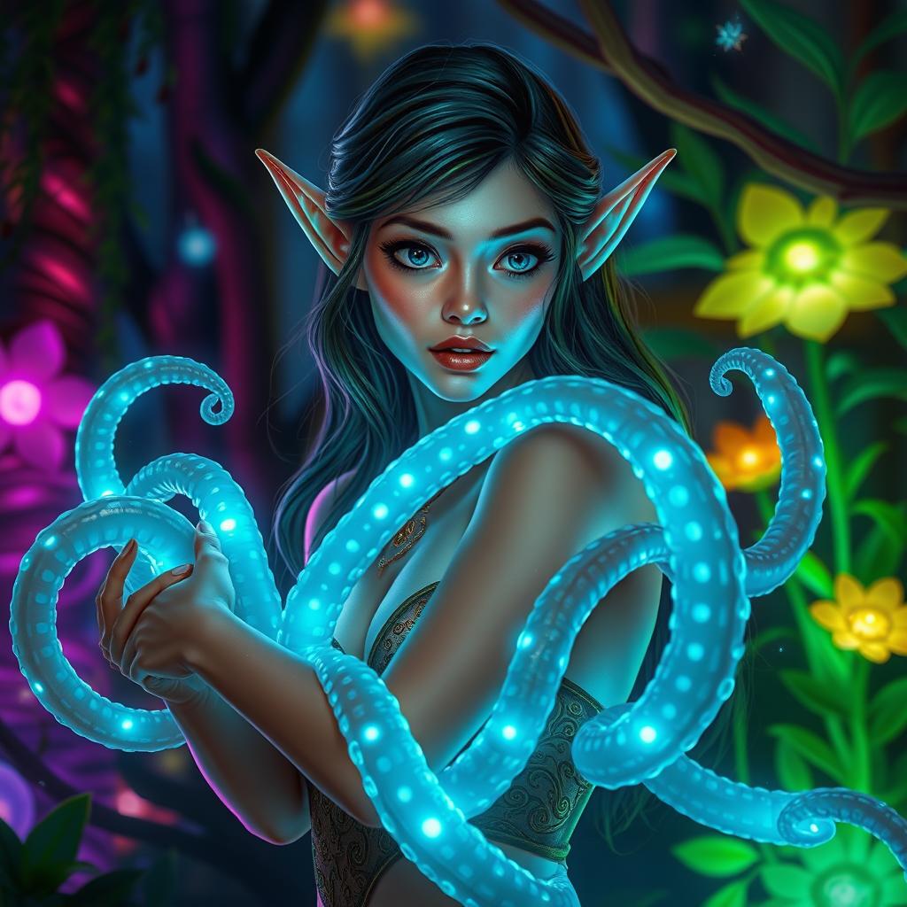 A beautiful and alluring elf with captivating features being playfully entwined by glowing, mystical tentacles in an enchanted forest