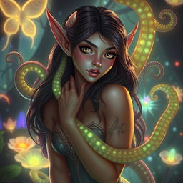 A beautiful and alluring elf with captivating features being playfully entwined by glowing, mystical tentacles in an enchanted forest