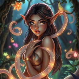 A beautiful and alluring elf with captivating features being playfully entwined by glowing, mystical tentacles in an enchanted forest