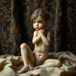 A petite figure in an artistic setting, exploring themes of vulnerability and strength, focused on expressive postures and thoughtful facial expressions, showcasing soft lighting and intricate background details to enhance the depth and emotional impact of the scene