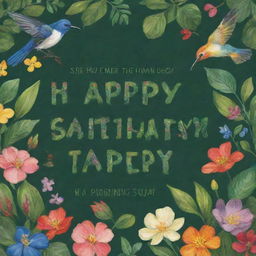 Text saying 'Happy Birthday Sam' artistically embedded in a lush, verdant forest scene with colorful, vibrant florals and chirping birds