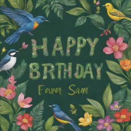 Text saying 'Happy Birthday Sam' artistically embedded in a lush, verdant forest scene with colorful, vibrant florals and chirping birds