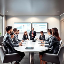 A professional and elegant book cover design depicting people dressed in formal business attire gathered around a conference table