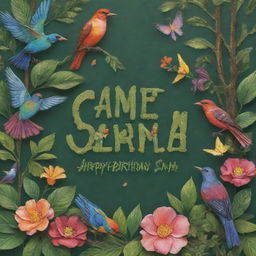 Text saying 'Happy Birthday Sam' artistically embedded in a lush, verdant forest scene with colorful, vibrant florals and chirping birds