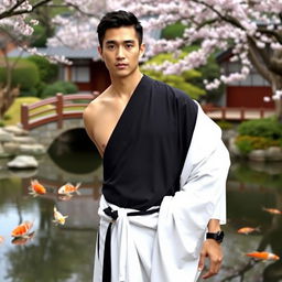 A Japanese man wearing a traditional fundoshi, standing confidently with a serene backdrop of a Japanese garden featuring a koi pond, cherry blossoms, and a small bridge