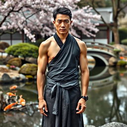 A Japanese man wearing a traditional fundoshi, standing confidently with a serene backdrop of a Japanese garden featuring a koi pond, cherry blossoms, and a small bridge