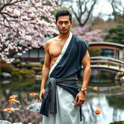 A Japanese man wearing a traditional fundoshi, standing confidently with a serene backdrop of a Japanese garden featuring a koi pond, cherry blossoms, and a small bridge