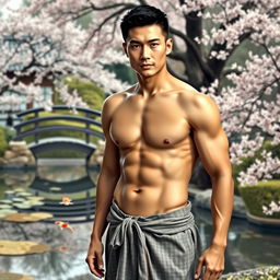 A Japanese man wearing a traditional fundoshi, standing confidently with a serene backdrop of a Japanese garden featuring a koi pond, cherry blossoms, and a small bridge