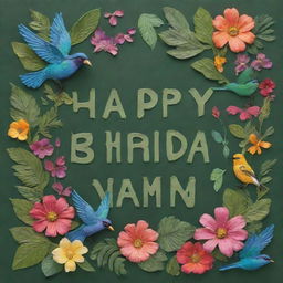 Text saying 'Happy Birthday Sam' artistically embedded in a lush, verdant forest scene with colorful, vibrant florals and chirping birds