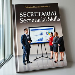 A book cover design featuring a group of well-dressed professionals engaged in a presentation about secretarial skills