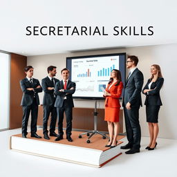 A book cover design featuring a group of well-dressed professionals engaged in a presentation about secretarial skills