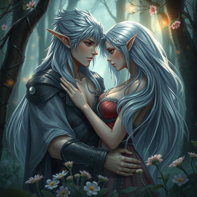 a fantasy scene depicting a strong, confident futanari character intimately engaged with a beautiful elf girl in a private, romantic forest setting