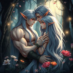 a fantasy scene depicting a strong, confident futanari character intimately engaged with a beautiful elf girl in a private, romantic forest setting