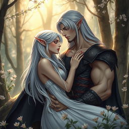 a fantasy scene depicting a strong, confident futanari character intimately engaged with a beautiful elf girl in a private, romantic forest setting