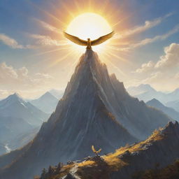 An impressive mountain formed by numerous swords, gleaming under the sun, with a radiant golden bird gracefully soaring around its peak.