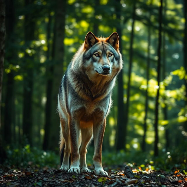 A raw photograph capturing a majestic wolf standing proudly in a dense forest, the sunlight filtering through the trees creating a dappled effect on its fur