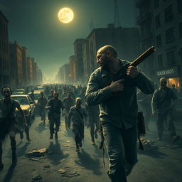 A thrilling scene from a zombie movie featuring a horde of undead walking through a deserted city street at night