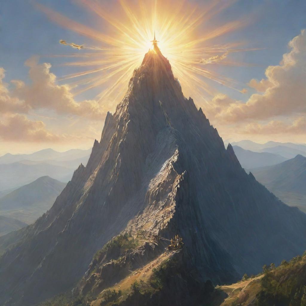 An impressive mountain formed by numerous swords, gleaming under the sun, with a radiant golden bird gracefully soaring around its peak.