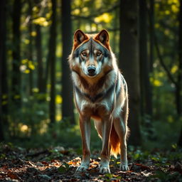 A raw photograph capturing a majestic wolf standing proudly in a dense forest, the sunlight filtering through the trees creating a dappled effect on its fur