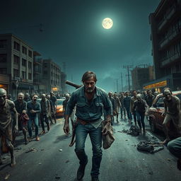 A thrilling scene from a zombie movie featuring a horde of undead walking through a deserted city street at night