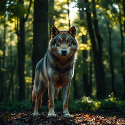 A raw photograph capturing a majestic wolf standing proudly in a dense forest, the sunlight filtering through the trees creating a dappled effect on its fur