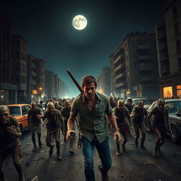 A thrilling scene from a zombie movie featuring a horde of undead walking through a deserted city street at night