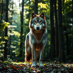 A raw photograph capturing a majestic wolf standing proudly in a dense forest, the sunlight filtering through the trees creating a dappled effect on its fur