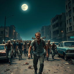 A thrilling scene from a zombie movie featuring a horde of undead walking through a deserted city street at night