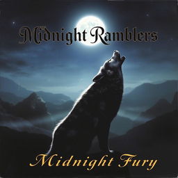 An evocative music album cover featuring a lone wolf howling at a full moon