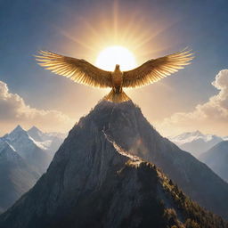 An impressive mountain formed by numerous swords, gleaming under the sun, with a radiant golden bird gracefully soaring around its peak.