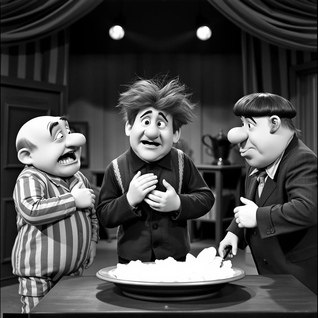 A humorous scene featuring the iconic Three Stooges in a classic black-and-white setting