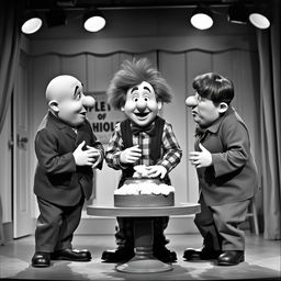 A humorous scene featuring the iconic Three Stooges in a classic black-and-white setting