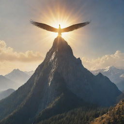 An impressive mountain formed by numerous swords, gleaming under the sun, with a radiant golden bird gracefully soaring around its peak.