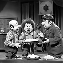 A humorous scene featuring the iconic Three Stooges in a classic black-and-white setting