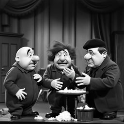 A humorous scene featuring the iconic Three Stooges in a classic black-and-white setting