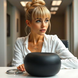 extreme close-up of a gorgeous woman with a blonde bun and bangs, wearing a white blouse tied in front showcasing her large chest and cleavage, seated and leaning on a desk