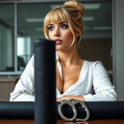 extreme close-up of a gorgeous woman with a blonde bun and bangs, wearing a white blouse tied in front showcasing her large chest and cleavage, seated and leaning on a desk