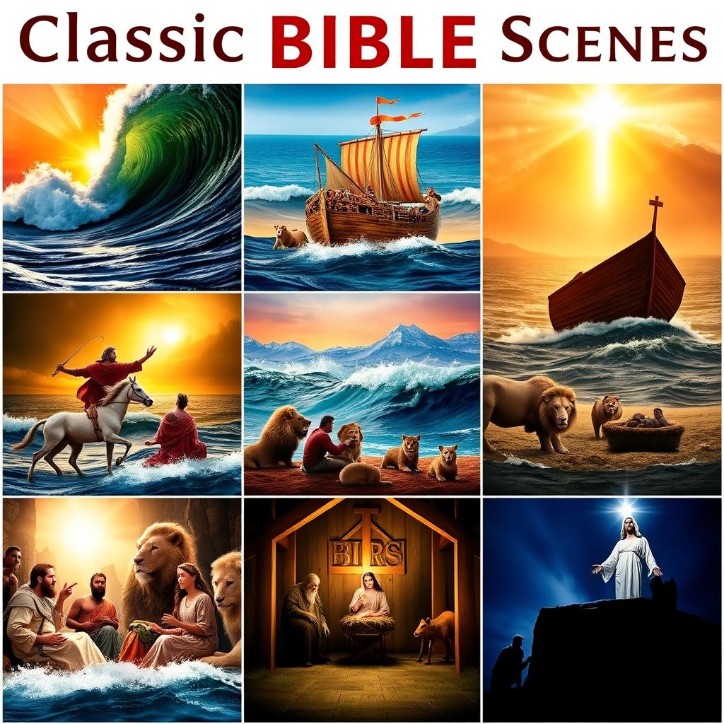 A collection of classic and iconic Bible movie scenes, depicting dramatic and impactful moments from various biblical stories