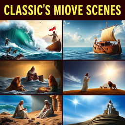 A collection of classic and iconic Bible movie scenes, depicting dramatic and impactful moments from various biblical stories